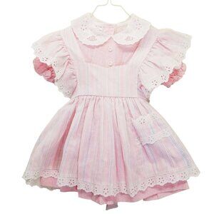 Mini World 2T Pink Stripe Dress Vintage Eyelet Lace 4T Pinafore Prairie Floral